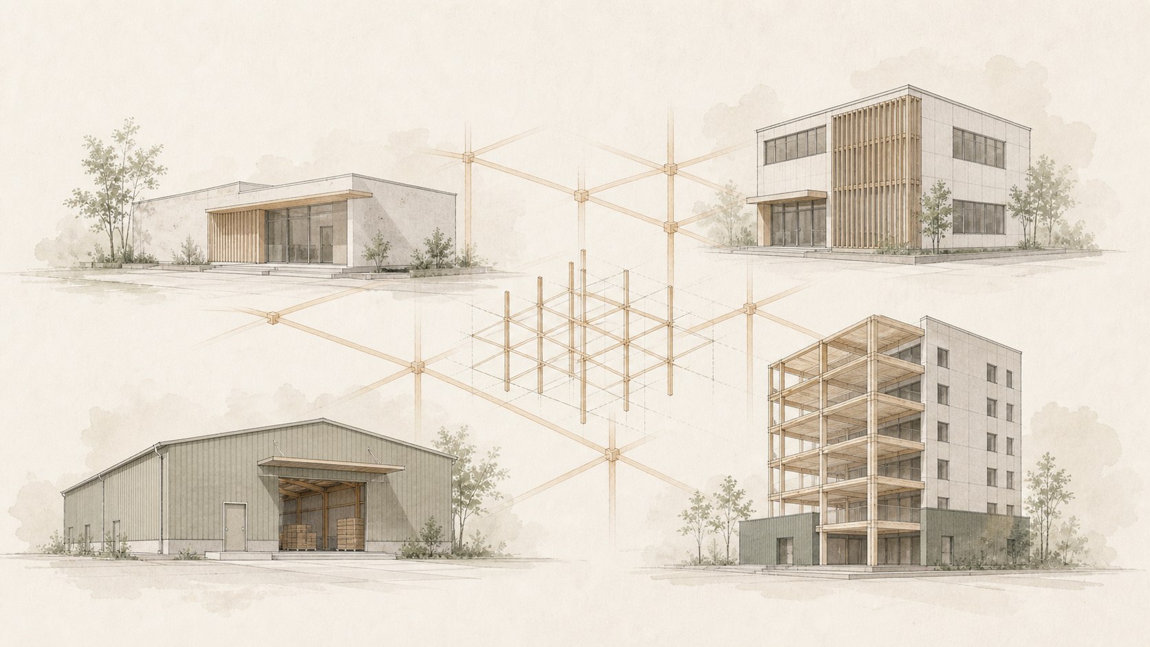 クリニック、倉庫、事務所、多層建築の用途を表す概念イラスト
